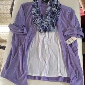 Kim Rogers Purple Blouse with White Top and Blue Scarf